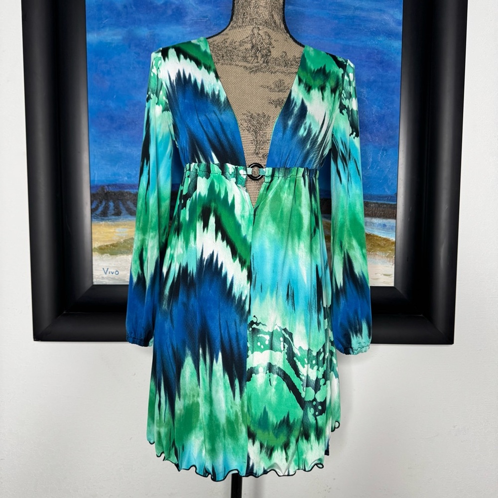 Pink Polkadot Boutique Vibrant Green and Blue Patterned Deep Plunge Dress